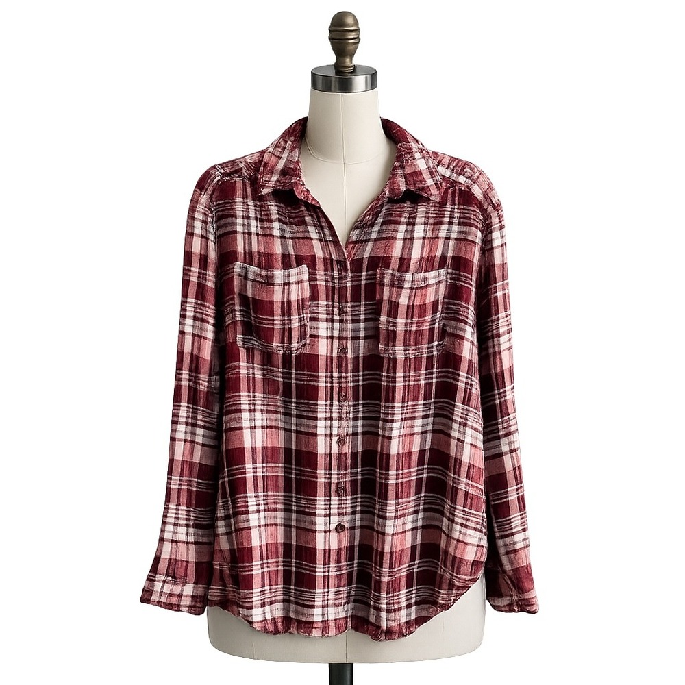 Pilcro Plaid Button Down Wmns Small Burgundy Coral Blue Flannel Grunge Cabin Top
